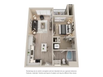 Unit Type A3, a stylized floor plan of a 1 bedroom 1 bathroom apartment at Zeta Luxury Apartments in Sacramento, CA