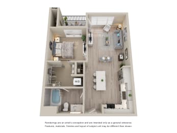 Unit Type A4, a stylized floor plan of a 1 bedroom 1 bathroom apartment at Zeta Luxury Apartments in Sacramento, CA