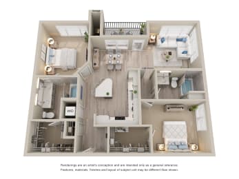 Unit Type B4 - a stylized floor plan of a 2 bedroom 2 bathroom apartment at Zeta Luxury Apartments in Sacramento, CA