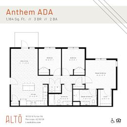 A floor plan for an apartment at Anthem ADA shows a living room, two bedrooms, a bathroom, a kitchen, and a primary bathroom.
