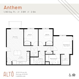 A floor plan for an apartment named Anthem, measuring 1,183 square feet, with 3 bedrooms and 2 bathrooms.
