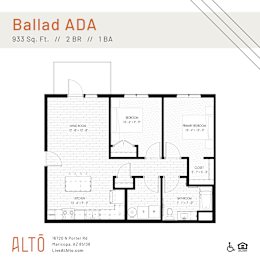A floor plan for Ballad ADA, a 2 bedroom, 1 bathroom apartment.