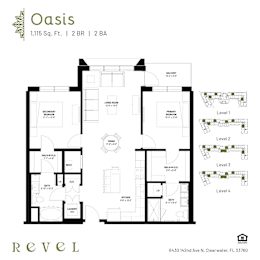 A floor plan for a home with the title "Oasis" and a logo in the top left corner.