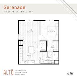 A floor plan for a 1 bedroom and 1 bathroom apartment.