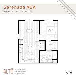 A floor plan for a 1 bedroom and 1 bathroom apartment at Serenade ADA.