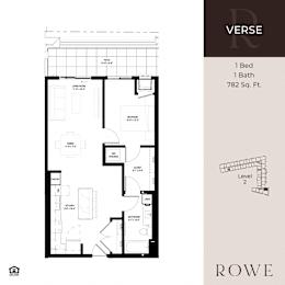 A floor plan for a one bedroom, one bathroom apartment at Rowe Verse.