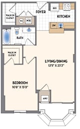 A floor plan of a small apartment with a living room, bedroom, bathroom, and kitchen.