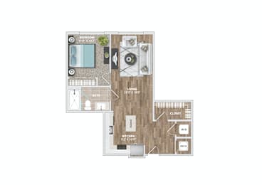 A floor plan of a house with a living room, kitchen, and bathroom.