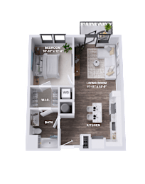 A floor plan of a small apartment with a bedroom, living room, kitchen, and bathroom.