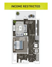 A floor plan of a small apartment with a living room, kitchen, bathroom, and bedroom.