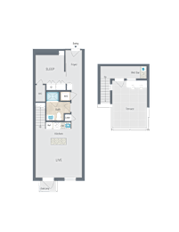 1 bed 1 bath M a plan of two floor plans of a house at Reed Row, Washington