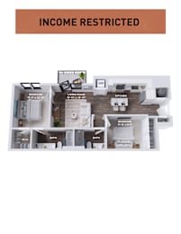 A diagram of a small apartment layout with a living room, kitchen, and two bedrooms.