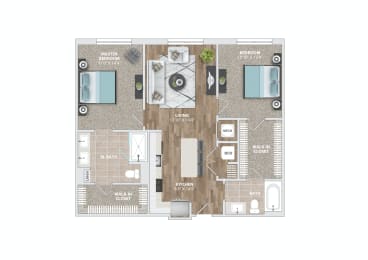 A floor plan of a house with a living room, dining room, kitchen, and bathrooms.