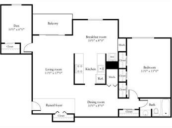 A floor plan of a house with a living room, dining room, kitchen, bedrooms and a den.