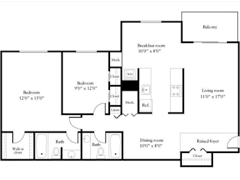 A floor plan of a house with a balcony, breakfast room, two bedrooms, a dining room, a living room, two bathrooms, and a raised foyer.