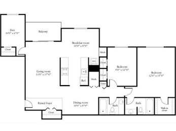 A floor plan of a house with a living room, dining room, kitchen, breakfast room, and three bedrooms.