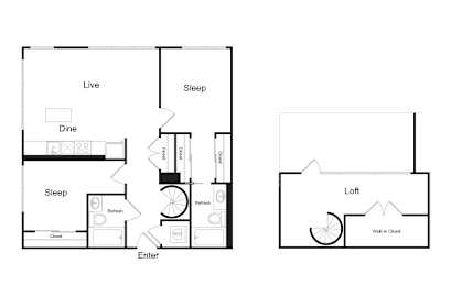 A floor plan of a house with labeled rooms and appliances.