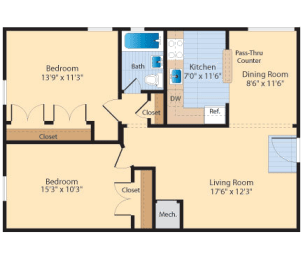 2 bed 1 bath B3 Floor Plan at The Fields of Old Town, Alexandria, VA