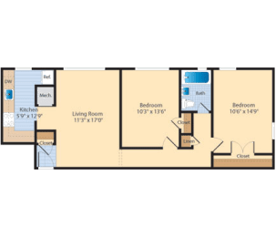 2 bed 1 bath  B4 Floor Plan at The Fields of Old Town, Alexandria, Virginia