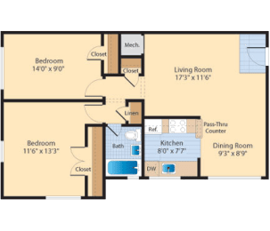 2 bed 1 bath B2 Floor Plan at The Fields of Old Town, Alexandria, Virginia
