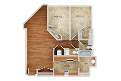 A drawing of a house with two bedrooms and a kitchen.