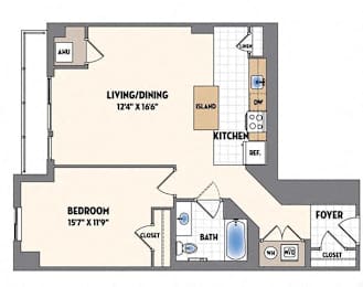 A floor plan of a small apartment with a living/dining area, bedroom, bathroom, and kitchen.