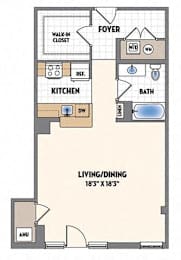A floor plan of a living space with a kitchen, bathroom, and foyer.