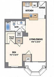 A floor plan of a one bedroom apartment with a living room, kitchen, bathroom, and den.