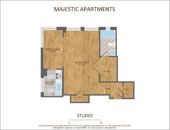 A floor plan for majestic apartments showing a living area, dining area, kitchen, and a studio.