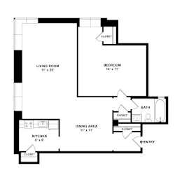 A floor plan of a small apartment with a living room, bedroom, kitchen, dining area, and bathroom.