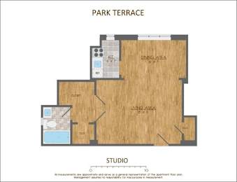A floor plan of an apartment with a park terrace.