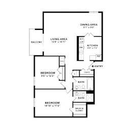 2 bed two bath floorplan with balcony and walk-in closet at Remington Place Apartments, Fort Washington, MD 20744