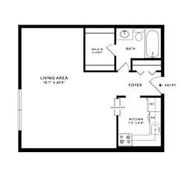 A floor plan of a small apartment with a living area, kitchen, bathroom, and foyer.