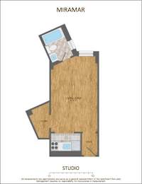 A floor plan of a studio apartment with a living area, kitchen, and bathroom.