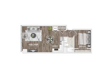 Studio apartment floor plan with bedroom and kitchen at 1305 Dock Apartments, Baltimore, Maryland