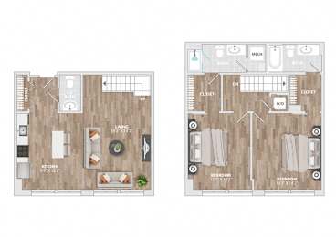 Two bedroom two bath 2D floorplan with walk-in closet at Allied Harbor Point Apartments, Maryland, 21231