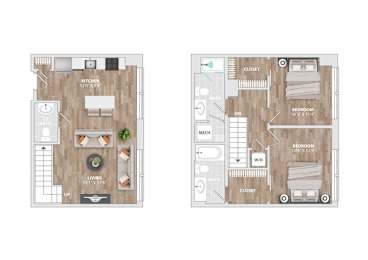 Two bed two bathroom floorplan with walk-in closet at Allied Harbor Point Apartments, Baltimore, MD 21231
