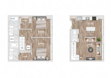 Two bedroom two bathroom floorplan with walk-in closet at Allied Harbor Point Apartments, Baltimore, MD