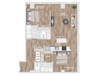 Two bedroom two bathroom floorplan with walk-in closet at Allied Harbor Point Apartments, Baltimore, Maryland