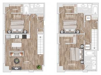 2 bedroom 2 bathroom floorplan with walk-in closet at Allied Harbor Point Apartments, Baltimore, MD