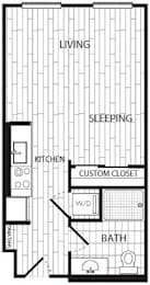 Studio one bathroom floorplan with custom closet at CODA on H Apartments, District of Columbia