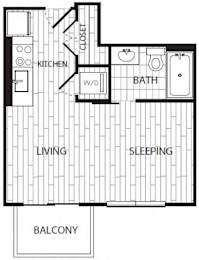 Studio 1 bath floorplan with balcony at CODA on H Apartments, Washington, 20002