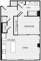 1 bedroom 1 bathroom floorplan with walk-in closet at CODA on H Apartments, District of Columbia