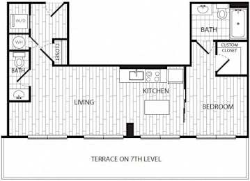 One bed one bathroom floorplan with custom closet at CODA on H Apartments, Washington, DC