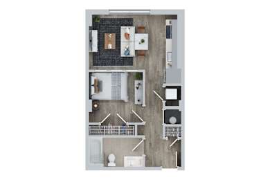 A top down view of a house layout with a kitchen, living room, and bedrooms.