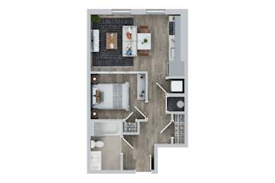 A top down view of a house layout with a kitchen, living room, and bathroom.