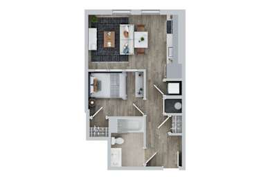 A top down view of a house with a kitchen, living room, and bathroom.
