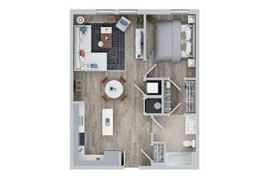 A top-down view of a small apartment layout with a kitchen, living room, and bathroom.