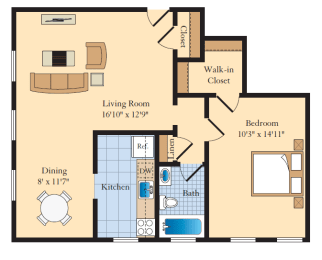 1 bed 1 bath  A5 Floor Plan at The Fields of Bethesda, Chevy Chase, MD, 20815