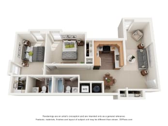 a 3d floor plan with a bedroom and living room